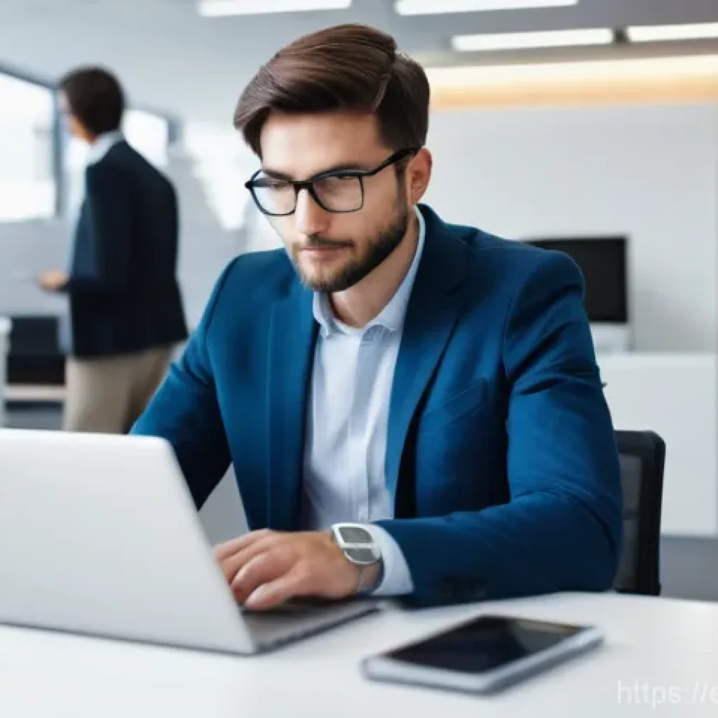 기업 내부자 보안 위협 관리 - **Prompt:** An office worker, seen from a slight overhead angle, casually inserting a generic USB st...