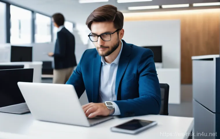 기업 내부자 보안 위협 관리 - **Prompt:** An office worker, seen from a slight overhead angle, casually inserting a generic USB st...