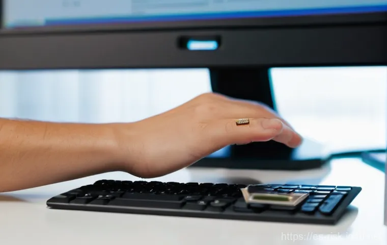 기업 내부자 보안 위협 관리 - **Prompt:** An office worker, seen from a slight overhead angle, casually inserting a generic USB st...