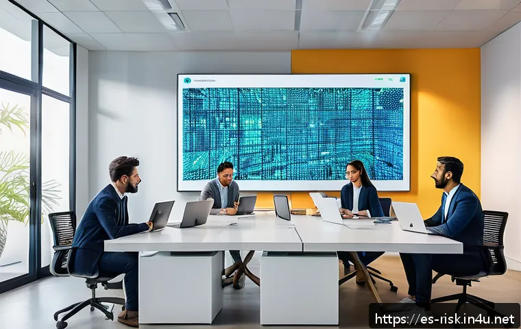 스팸 메일 탐지 기술 발전 - A modern office scene showing a diverse group of professionals collaborating around a large digital ...
